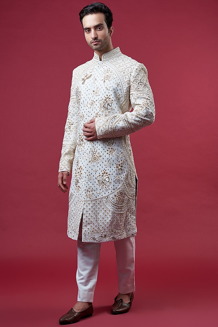 Ivory Matka Silk Embroidered Sherwani Set by Sahil Kochhar Men