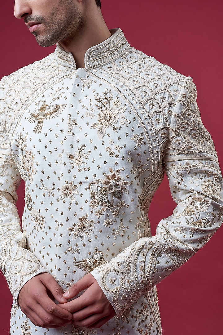 Ivory Matka Silk Embroidered Groom Sherwani Set by Sahil Kochhar Men at Pernia's Pop Up Shop