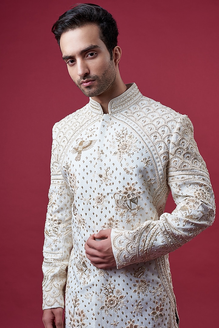 Ivory Matka Silk Embroidered Groom Sherwani Set by Sahil Kochhar Men at Pernia's Pop Up Shop