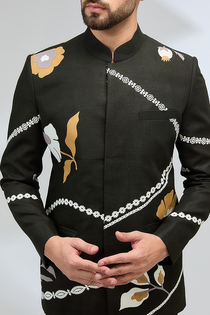 Black Matka Silk Embroidered Groom Bandhgala Set by Sahil Kochhar Men at Pernia's Pop Up Shop
