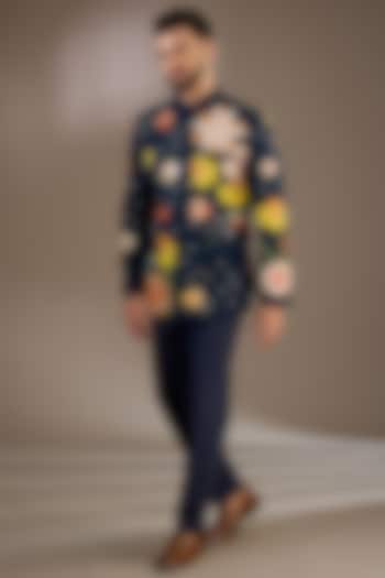 Indigo Blue Matka Silk Resham 3D Embroidered Bandhgala Set by Sahil Kochhar Men at Pernia's Pop Up Shop