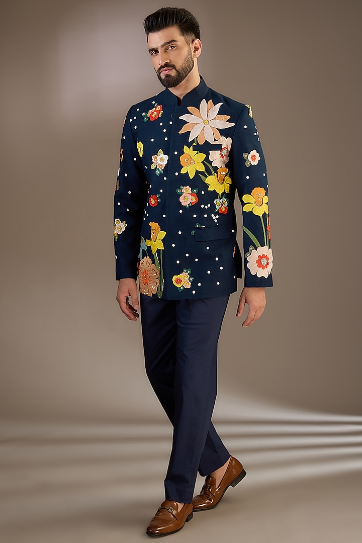 Indigo Blue Matka Silk Resham 3D Embroidered Bandhgala Set by Sahil Kochhar Men at Pernia's Pop Up Shop