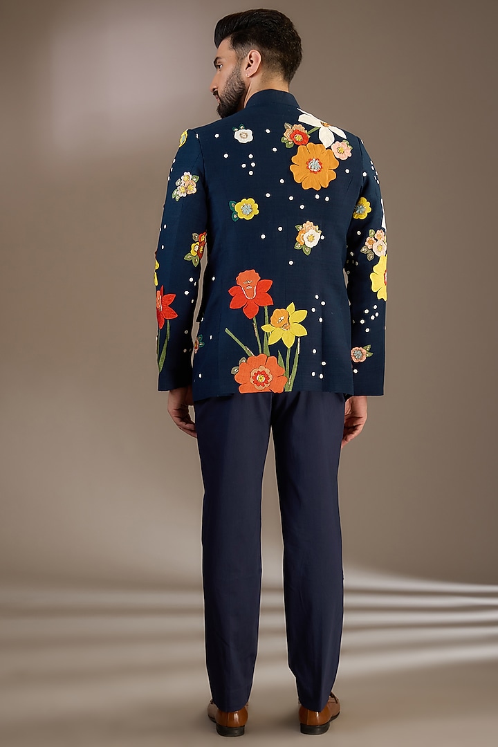 Indigo Blue Matka Silk Resham 3D Embroidered Bandhgala Set by Sahil Kochhar Men at Pernia's Pop Up Shop