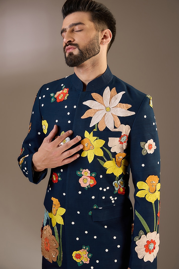 Indigo Blue Matka Silk Resham 3D Embroidered Bandhgala Set by Sahil Kochhar Men at Pernia's Pop Up Shop