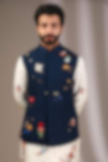Indigo Blue Katan Resham Hand Embroidered Nehru Jacket by Sahil Kochhar Men at Pernia's Pop Up Shop