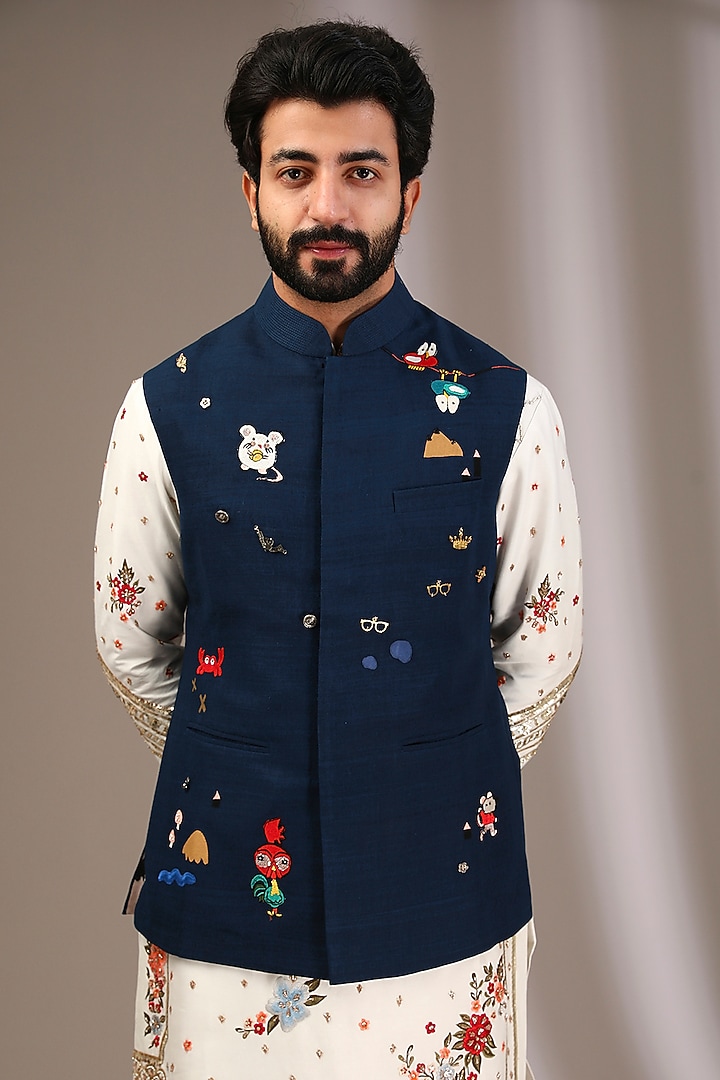 Indigo Blue Katan Resham Hand Embroidered Nehru Jacket by Sahil Kochhar Men at Pernia's Pop Up Shop
