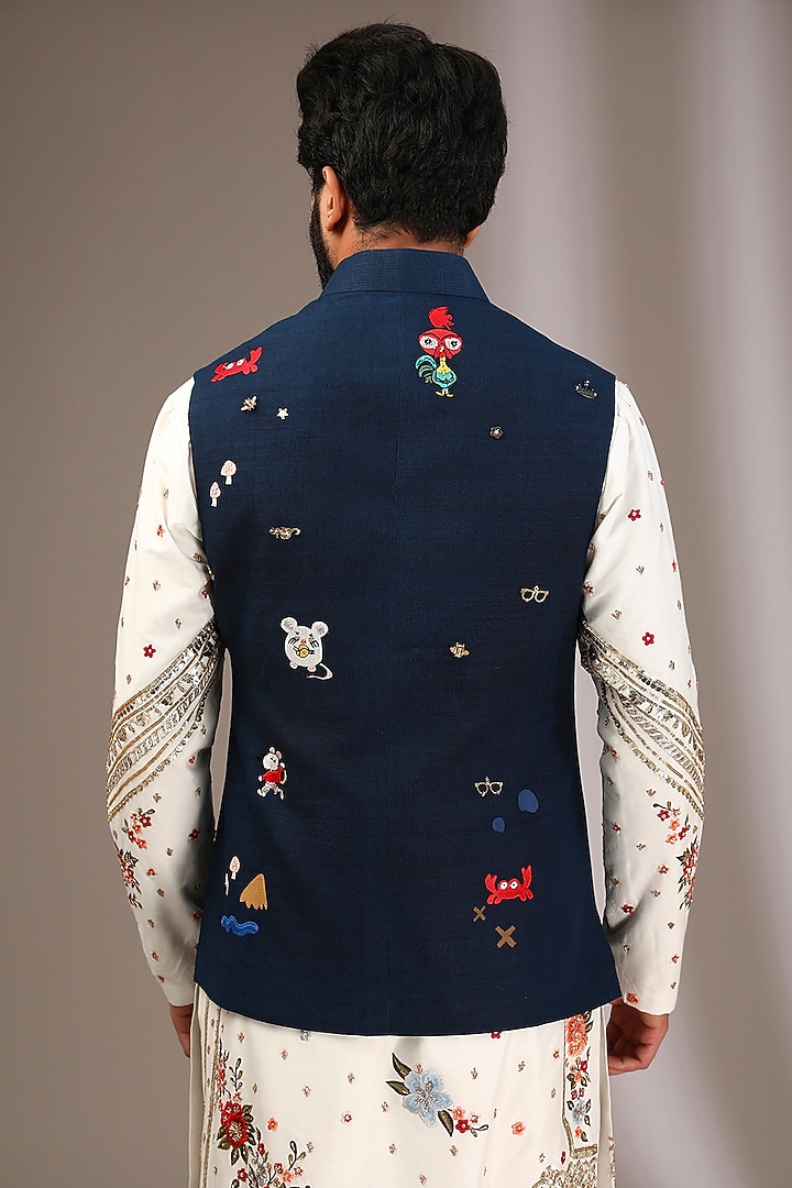 Indigo Blue Katan Resham Hand Embroidered Nehru Jacket by Sahil Kochhar Men at Pernia's Pop Up Shop