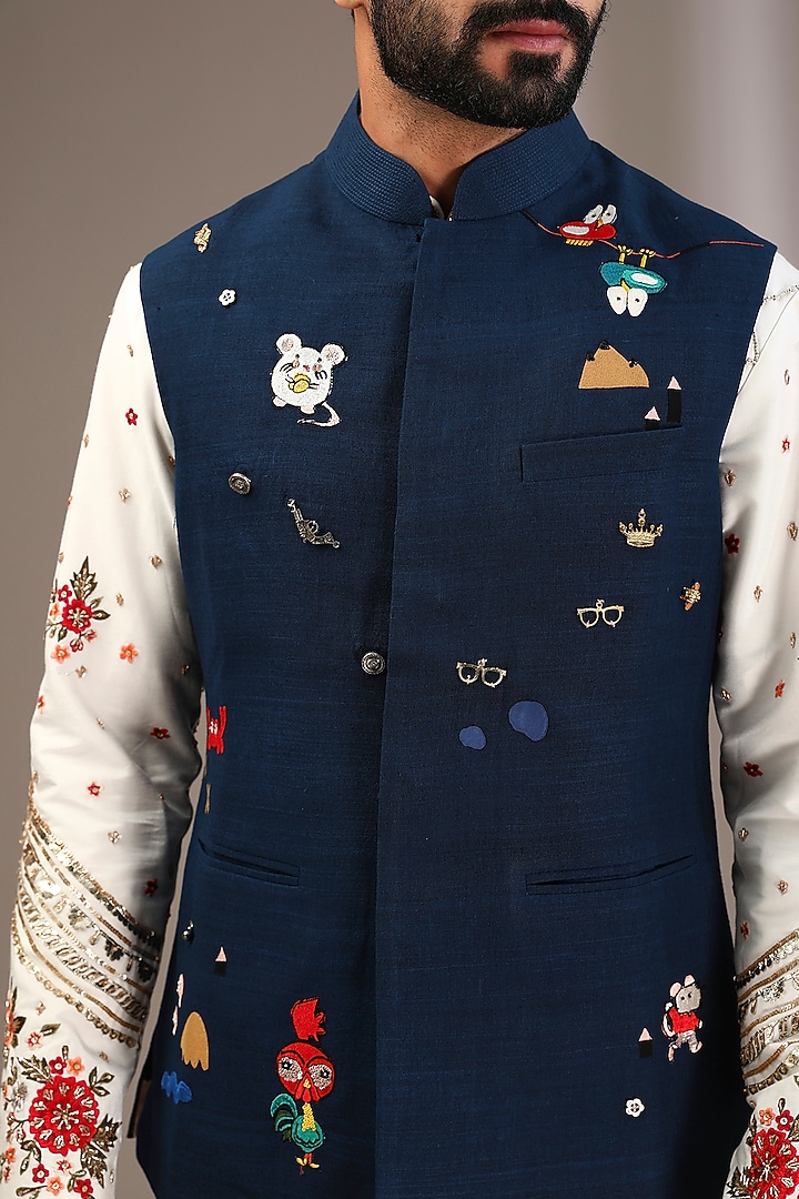 Indigo Blue Katan Resham Hand Embroidered Nehru Jacket by Sahil Kochhar Men at Pernia's Pop Up Shop