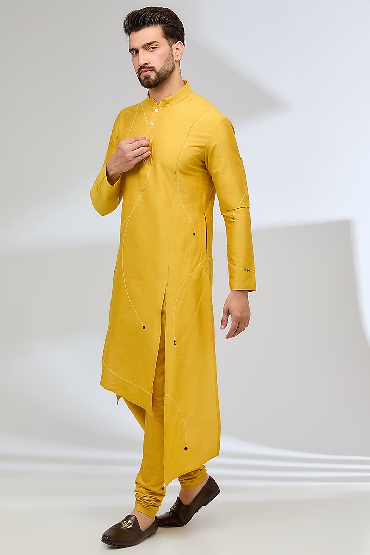 Yellow Katan Embroidered Kurta Set by Sahil Kochhar Men at Pernia's Pop Up Shop