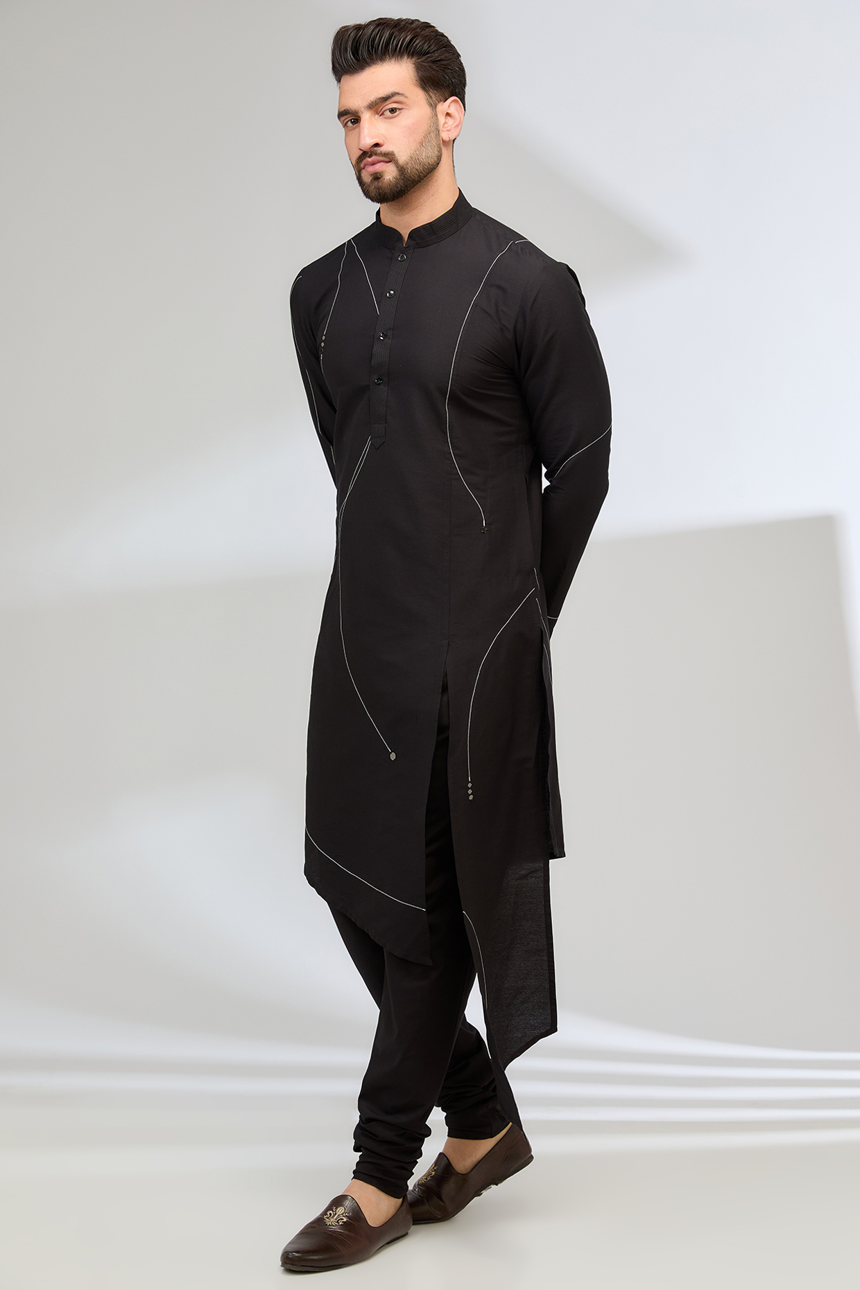 Black Katan Embroidered Kurta Set by Sahil Kochhar Men