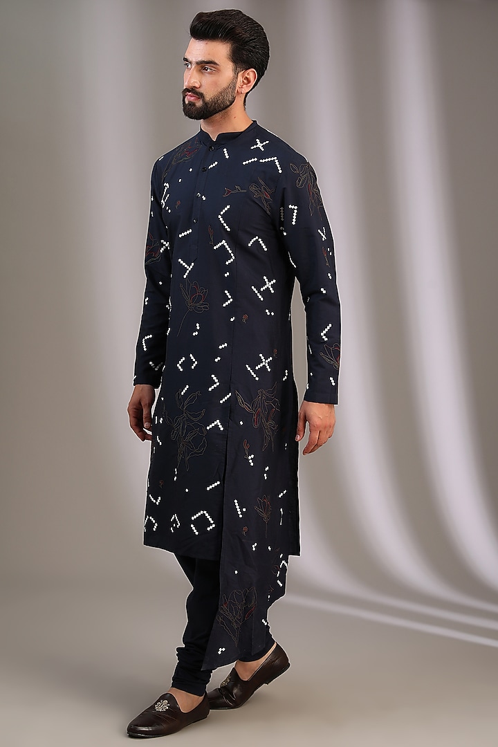 Blue Katan Floral Embroidered Kurta Set by Sahil Kochhar Men at Pernia's Pop Up Shop