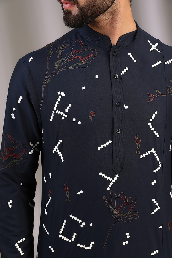 Blue Katan Floral Embroidered Kurta Set by Sahil Kochhar Men at Pernia's Pop Up Shop