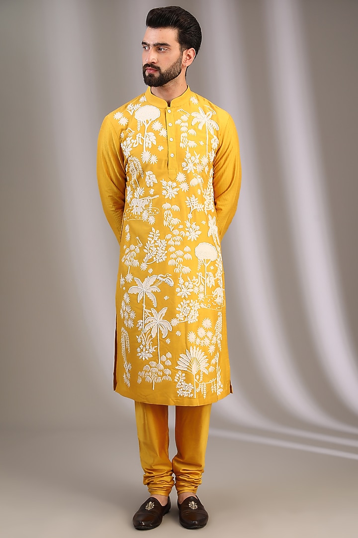 Yellow Katan Resham Embroidered Kurta Set by Sahil Kochhar Men at Pernia's Pop Up Shop