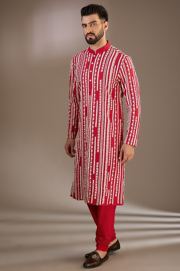Red Katan Resham Thread Embroidered Kurta Set by Sahil Kochhar Men at Pernia's Pop Up Shop