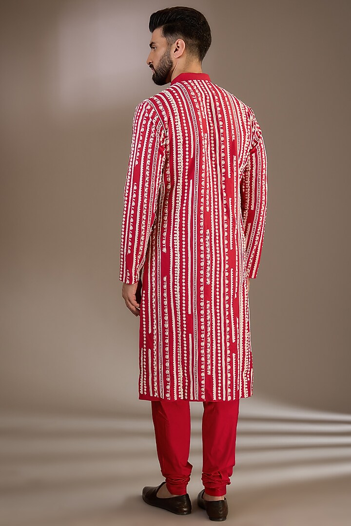 Red Katan Resham Thread Embroidered Kurta Set by Sahil Kochhar Men at Pernia's Pop Up Shop