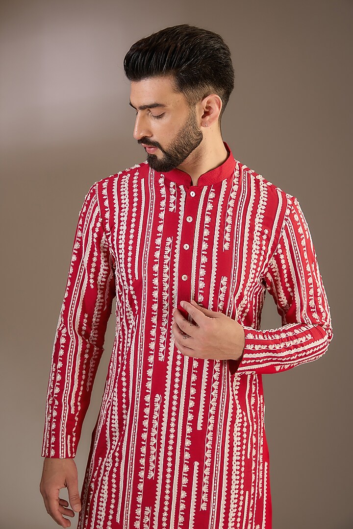 Red Katan Resham Thread Embroidered Kurta Set by Sahil Kochhar Men at Pernia's Pop Up Shop