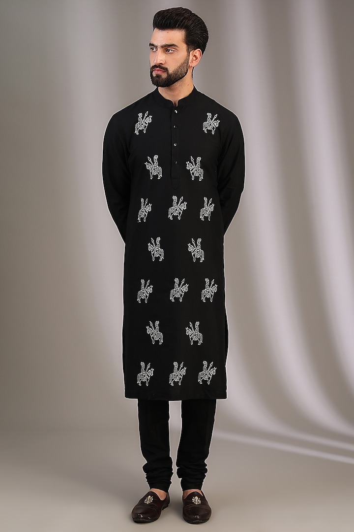 Black Katan Resham Thread Embroidered Kurta Set by Sahil Kochhar Men at Pernia's Pop Up Shop