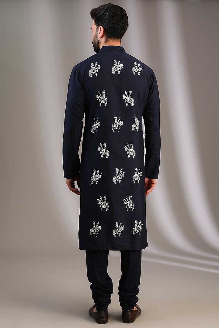 Blue Katan Resham Thread Embroidered Kurta Set by Sahil Kochhar Men at Pernia's Pop Up Shop