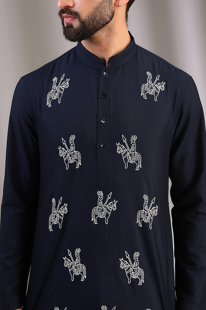 Blue Katan Resham Thread Embroidered Kurta Set by Sahil Kochhar Men at Pernia's Pop Up Shop
