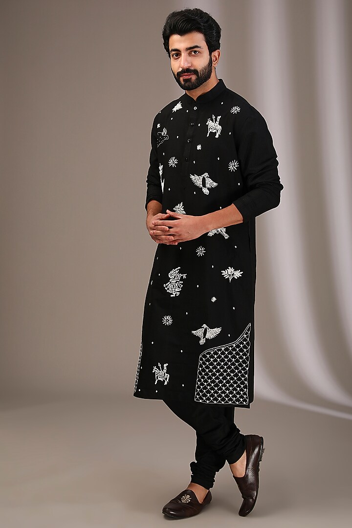 Black Katan Applique Hand Embroidered Kurta Set by Sahil Kochhar Men at Pernia's Pop Up Shop