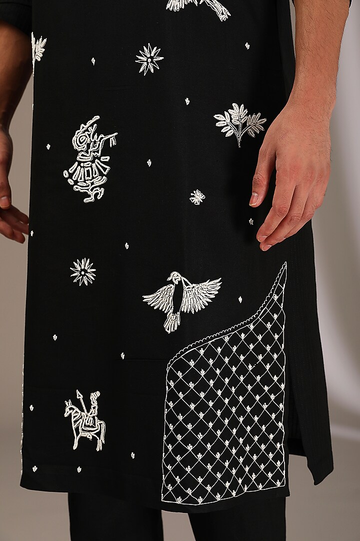 Black Katan Applique Hand Embroidered Kurta Set by Sahil Kochhar Men at Pernia's Pop Up Shop