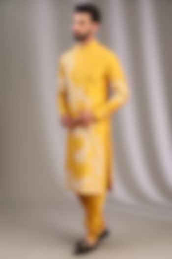 Yellow Katan Resham Aari Embroidered Kurta Set by Sahil Kochhar Men