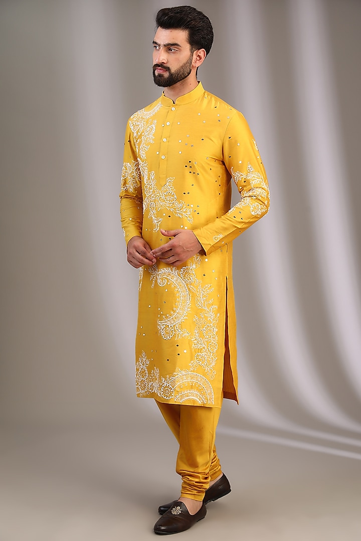Yellow Katan Resham Aari Embroidered Kurta Set by Sahil Kochhar Men