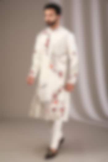 Ivory Katan Resham & Applique Hand Embroidered Kurta Set by Sahil Kochhar Men at Pernia's Pop Up Shop