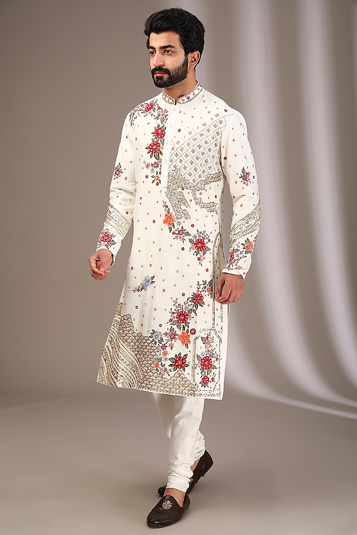 Ivory Katan Resham & Applique Hand Embroidered Kurta Set by Sahil Kochhar Men at Pernia's Pop Up Shop