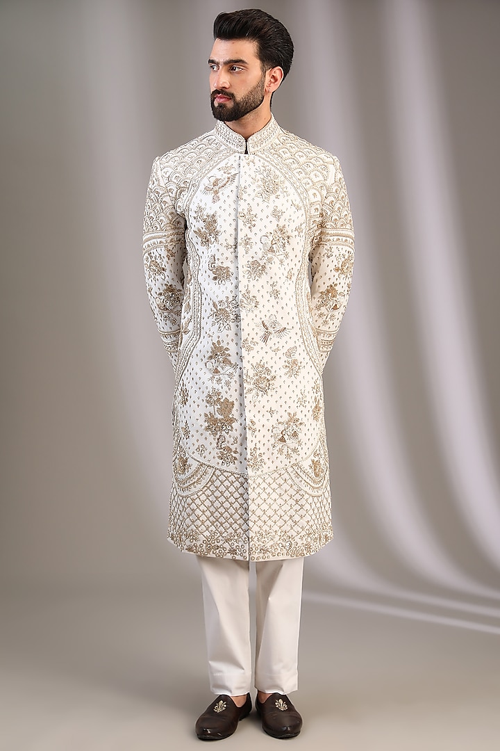 Ivory Matka Silk Applique Work Sherwani Set by Sahil Kochhar Men
