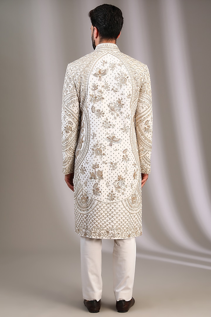 Ivory Matka Silk Applique Work Groom Sherwani Set by Sahil Kochhar Men at Pernia's Pop Up Shop