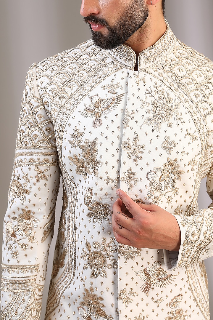 Ivory Matka Silk Applique Work Groom Sherwani Set by Sahil Kochhar Men at Pernia's Pop Up Shop
