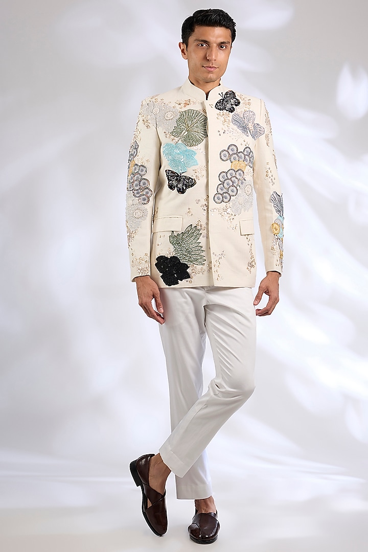 Ivory Matka Silk Laser Cut Applique Embroidered Bandhgala Set by Sahil Kochhar Men