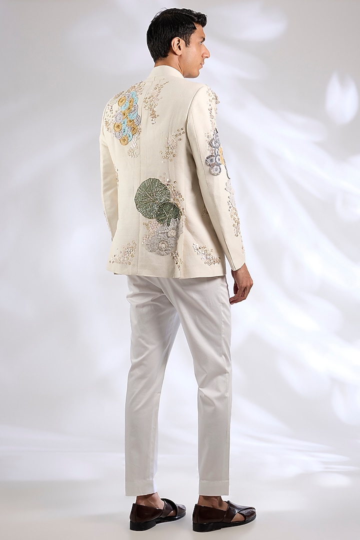 Ivory Matka Silk Laser Cut Applique Embroidered Groom Bandhgala Set by Sahil Kochhar Men at Pernia's Pop Up Shop