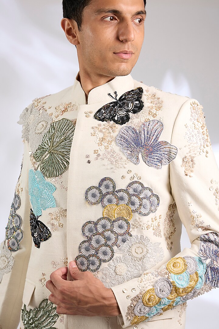 Ivory Matka Silk Laser Cut Applique Embroidered Groom Bandhgala Set by Sahil Kochhar Men at Pernia's Pop Up Shop