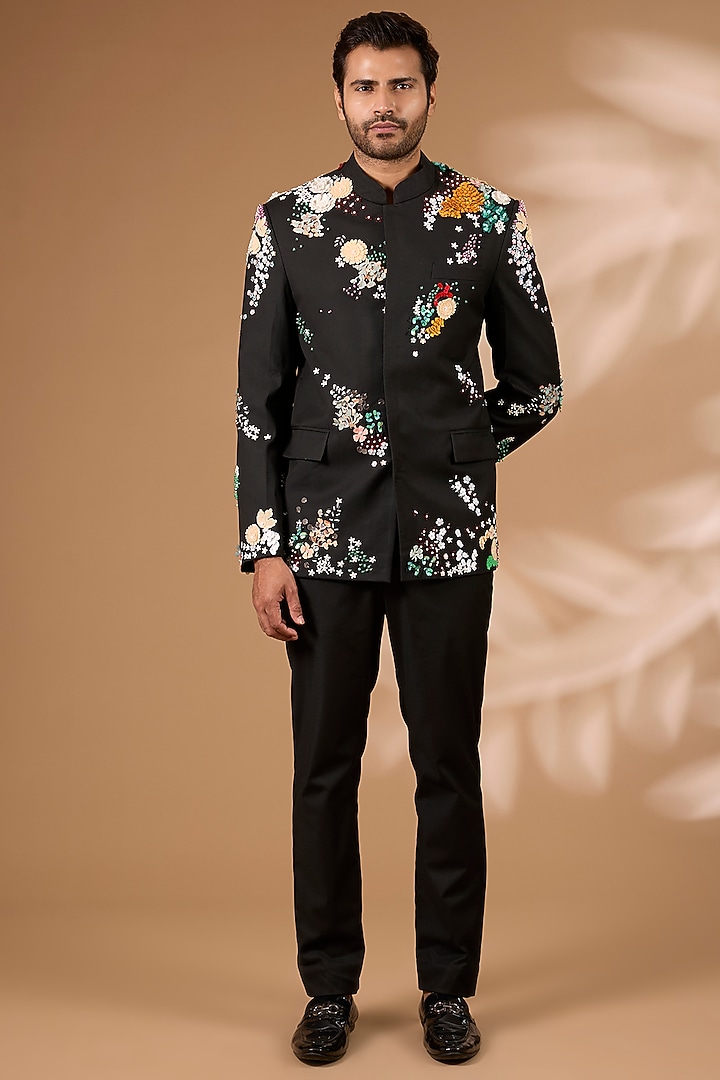 Black Matka Silk Bandhgala Set by Sahil Kochhar Men