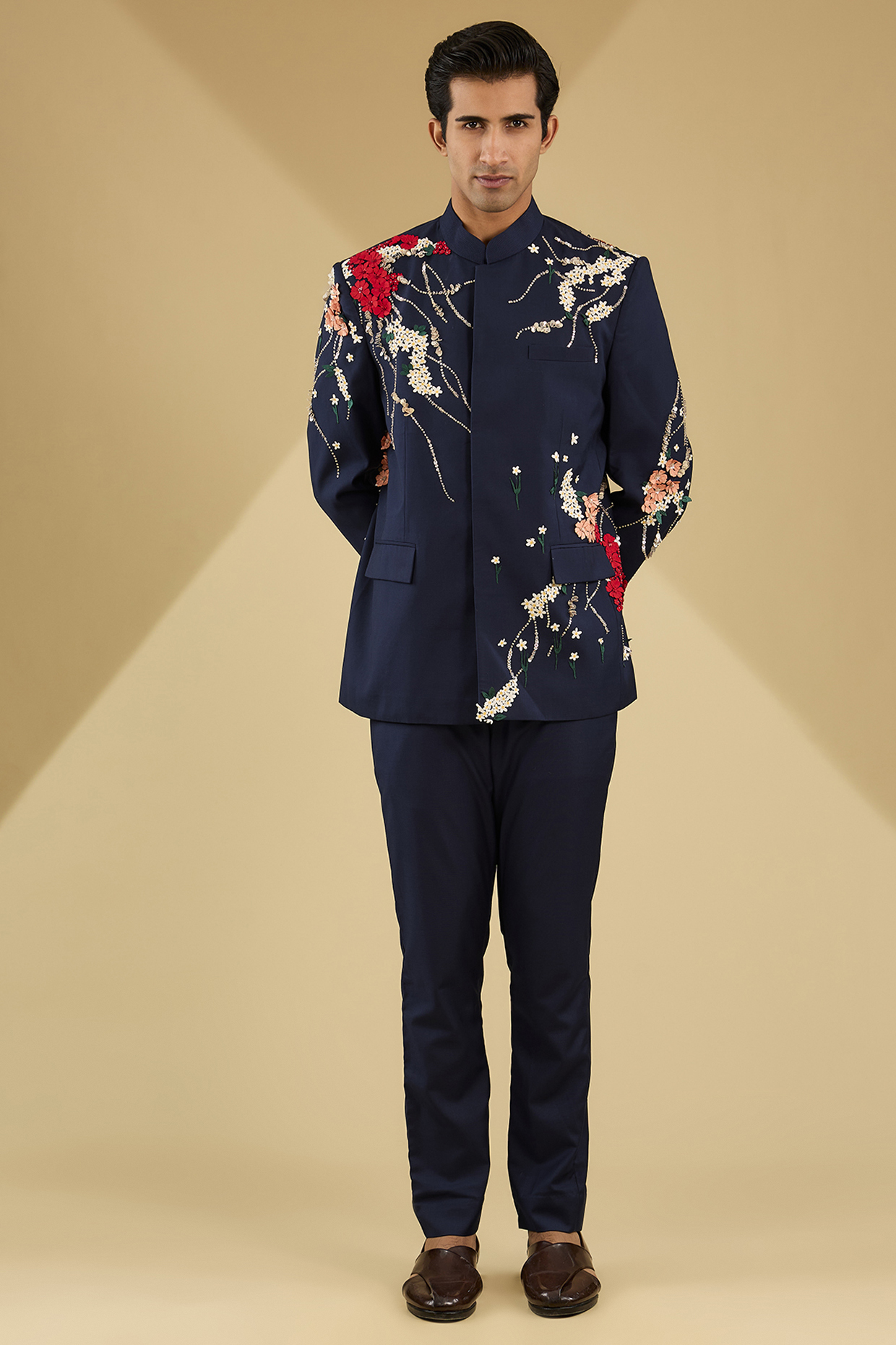 Navy Blue Suiting Fabric Hand Embroidered Bandhgala Set by Sahil Kochhar Men