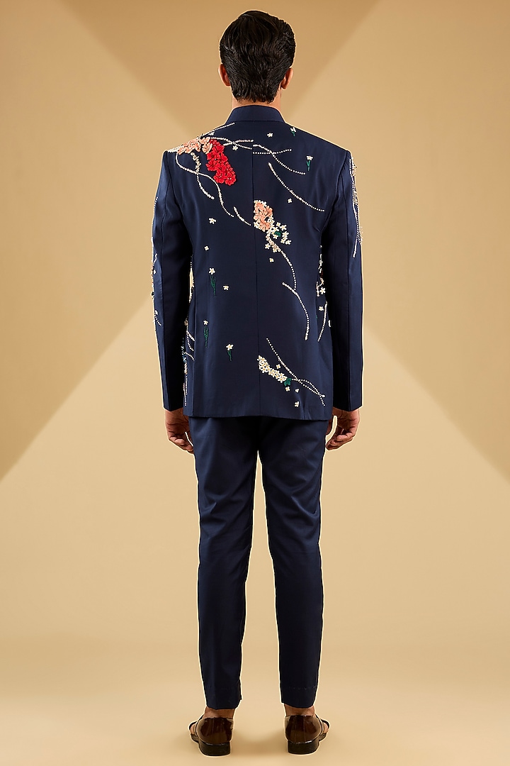 Navy Blue Suiting Fabric Hand Embroidered Groom Bandhgala Set by Sahil Kochhar Men at Pernia's Pop Up Shop