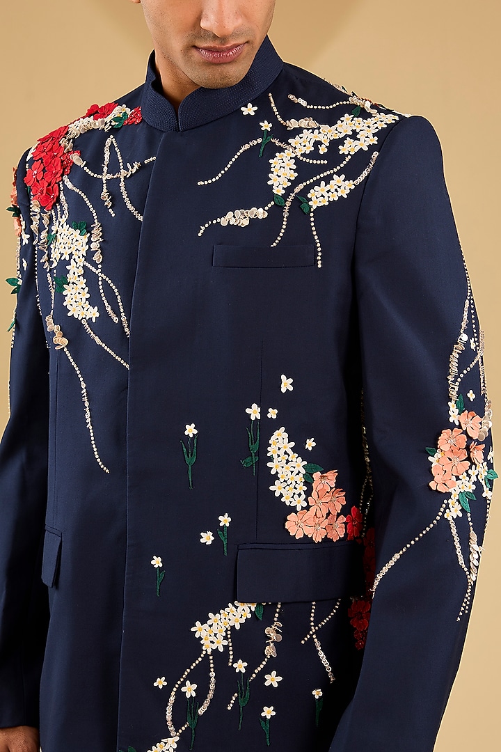Navy Blue Suiting Fabric Hand Embroidered Groom Bandhgala Set by Sahil Kochhar Men at Pernia's Pop Up Shop