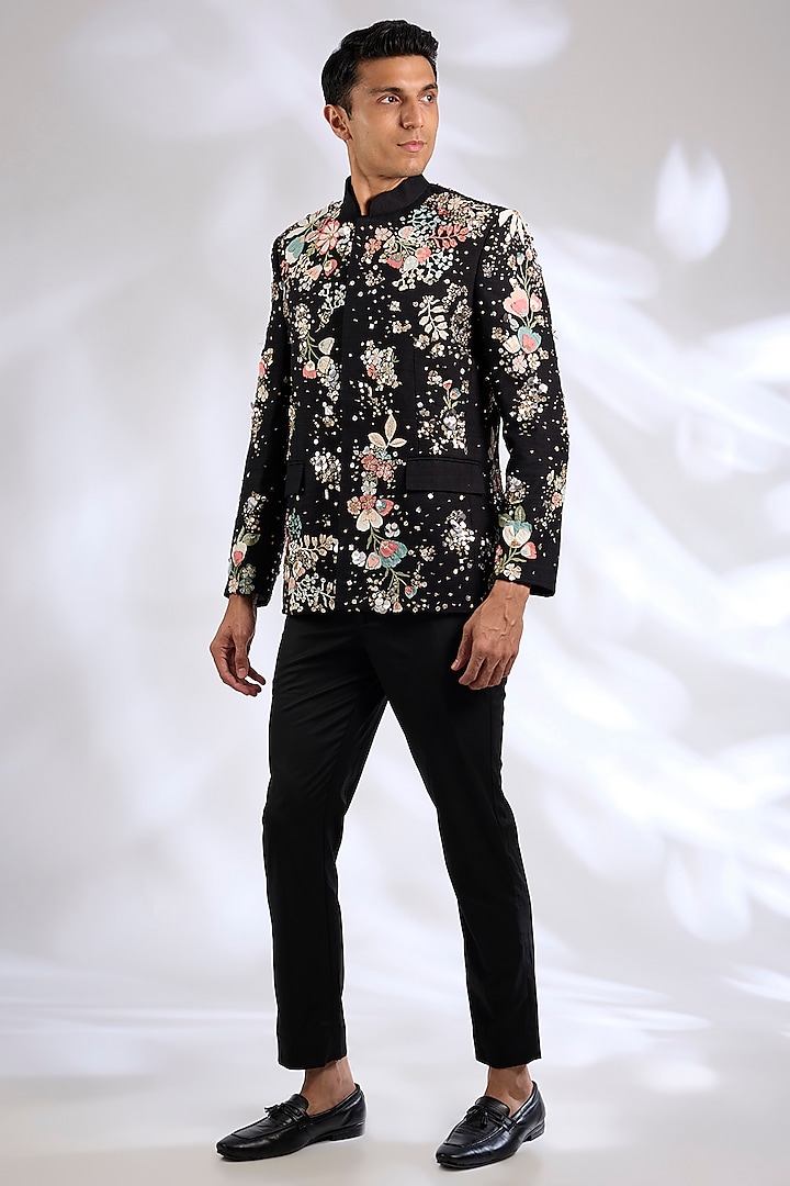Black Suiting Fabric Laser Cut Applique Embroidered Bandhgala Set by Sahil Kochhar Men