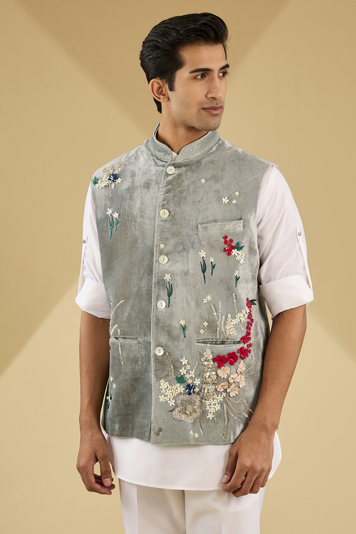 Grey Silk Velvet Hand Embroidered Bundi Jacket by Sahil Kochhar Men
