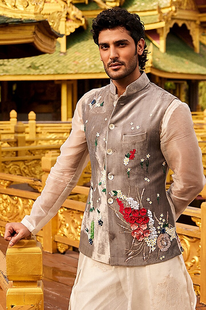 Grey Silk Velvet Hand Embroidered Bundi Jacket by Sahil Kochhar Men at Pernia's Pop Up Shop
