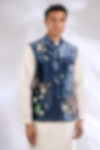 Navy Blue Silk Velvet Laser Cut Applique Embroidered Bundi Jacket by Sahil Kochhar Men