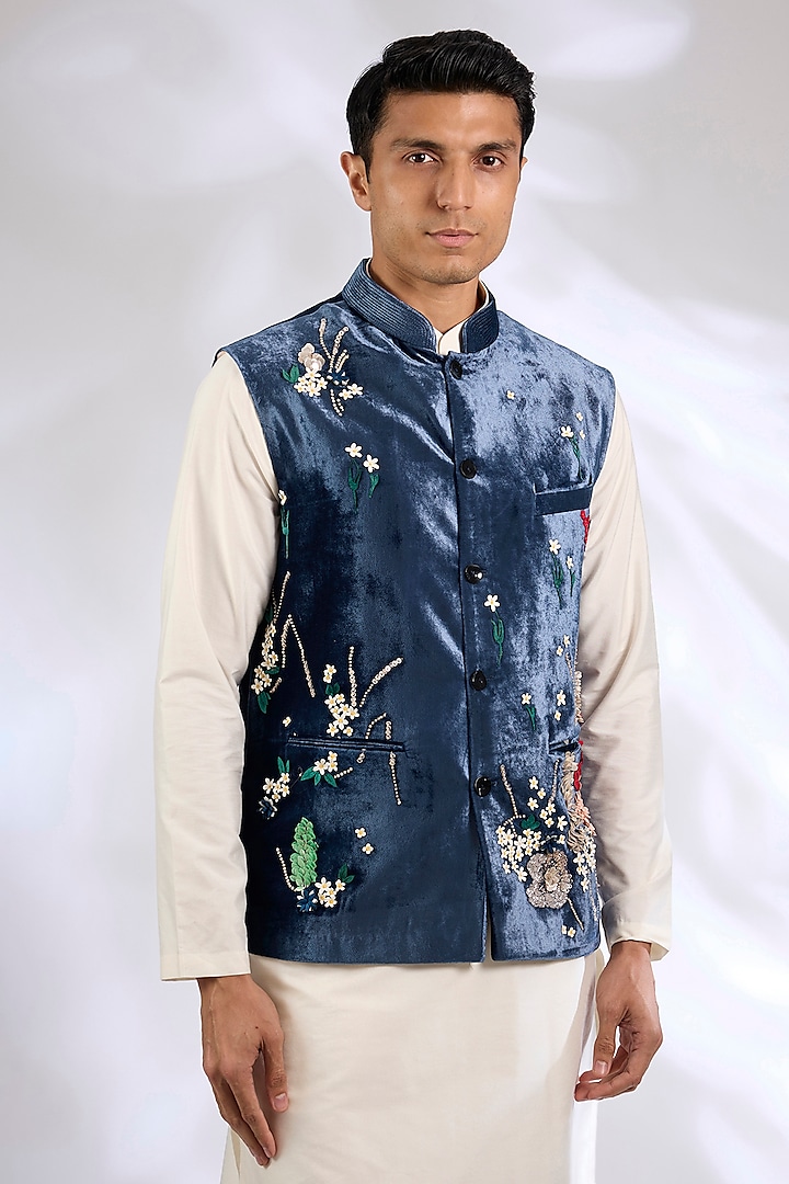 Navy Blue Silk Velvet Laser Cut Applique Embroidered Bundi Jacket by Sahil Kochhar Men