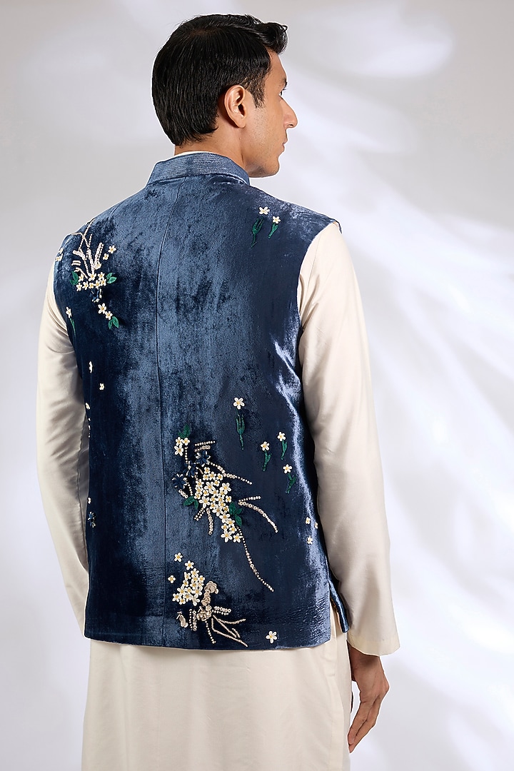 Navy Blue Silk Velvet Laser Cut Applique Embroidered Bundi Jacket by Sahil Kochhar Men at Pernia's Pop Up Shop