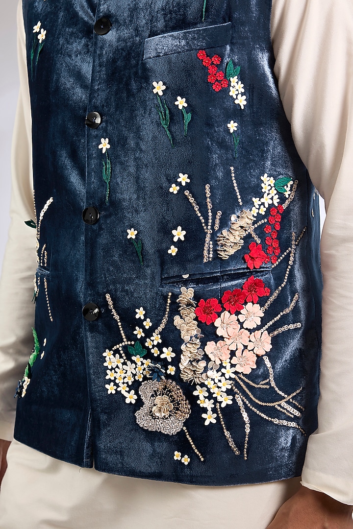 Navy Blue Silk Velvet Laser Cut Applique Embroidered Bundi Jacket by Sahil Kochhar Men at Pernia's Pop Up Shop