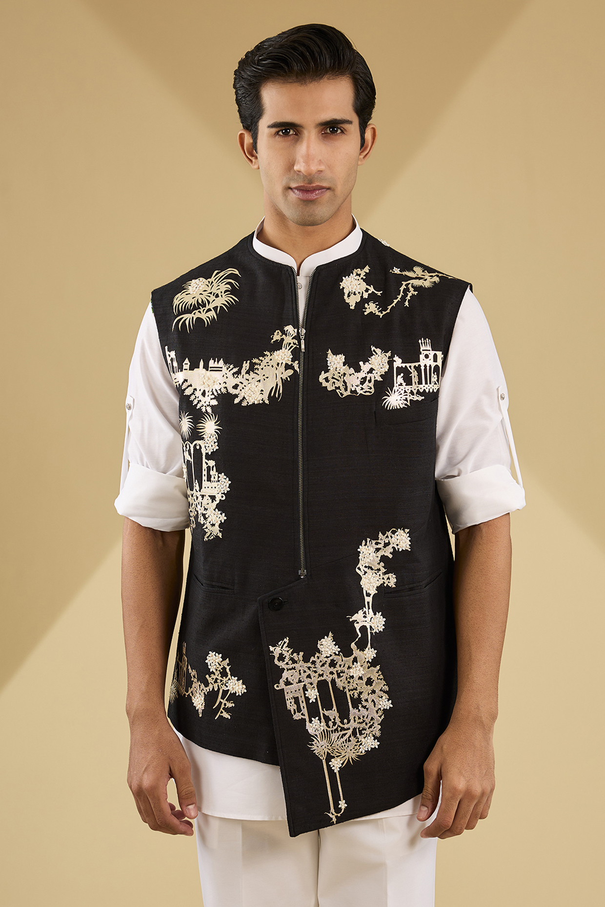 Black Suiting Applique Work Asymmetric Bundi Jacket by Sahil Kochhar Men