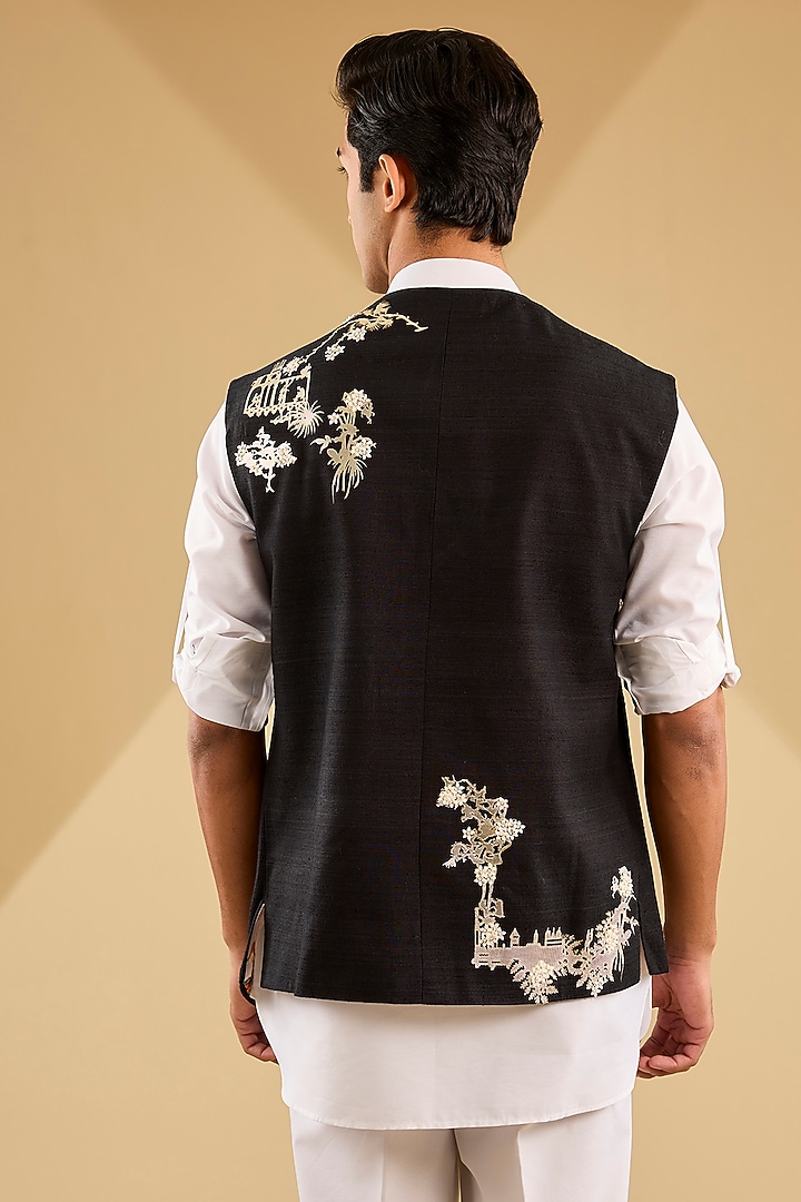 Black Suiting Applique Work Asymmetric Bundi Jacket by Sahil Kochhar Men at Pernia's Pop Up Shop