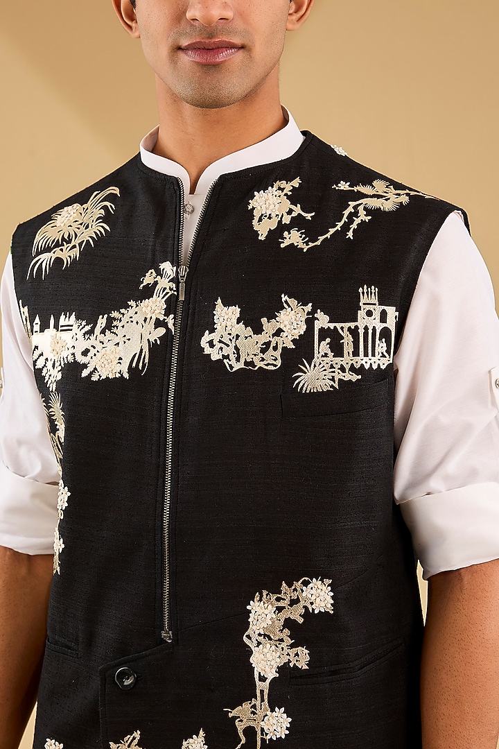Black Suiting Applique Work Asymmetric Bundi Jacket by Sahil Kochhar Men at Pernia's Pop Up Shop