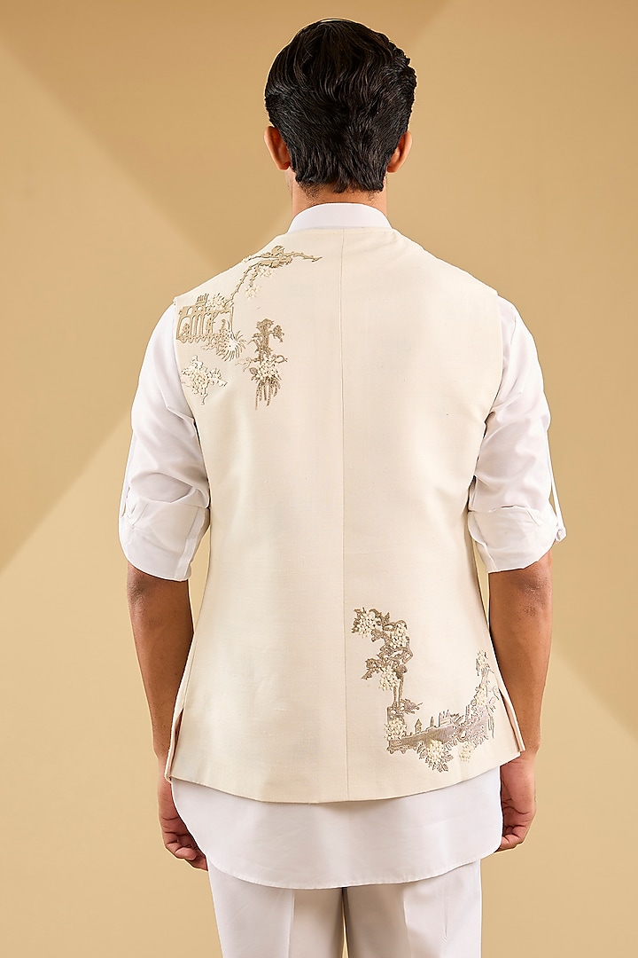 Ivory Suiting Applique Work Asymmetric Bundi Jacket by Sahil Kochhar Men at Pernia's Pop Up Shop
